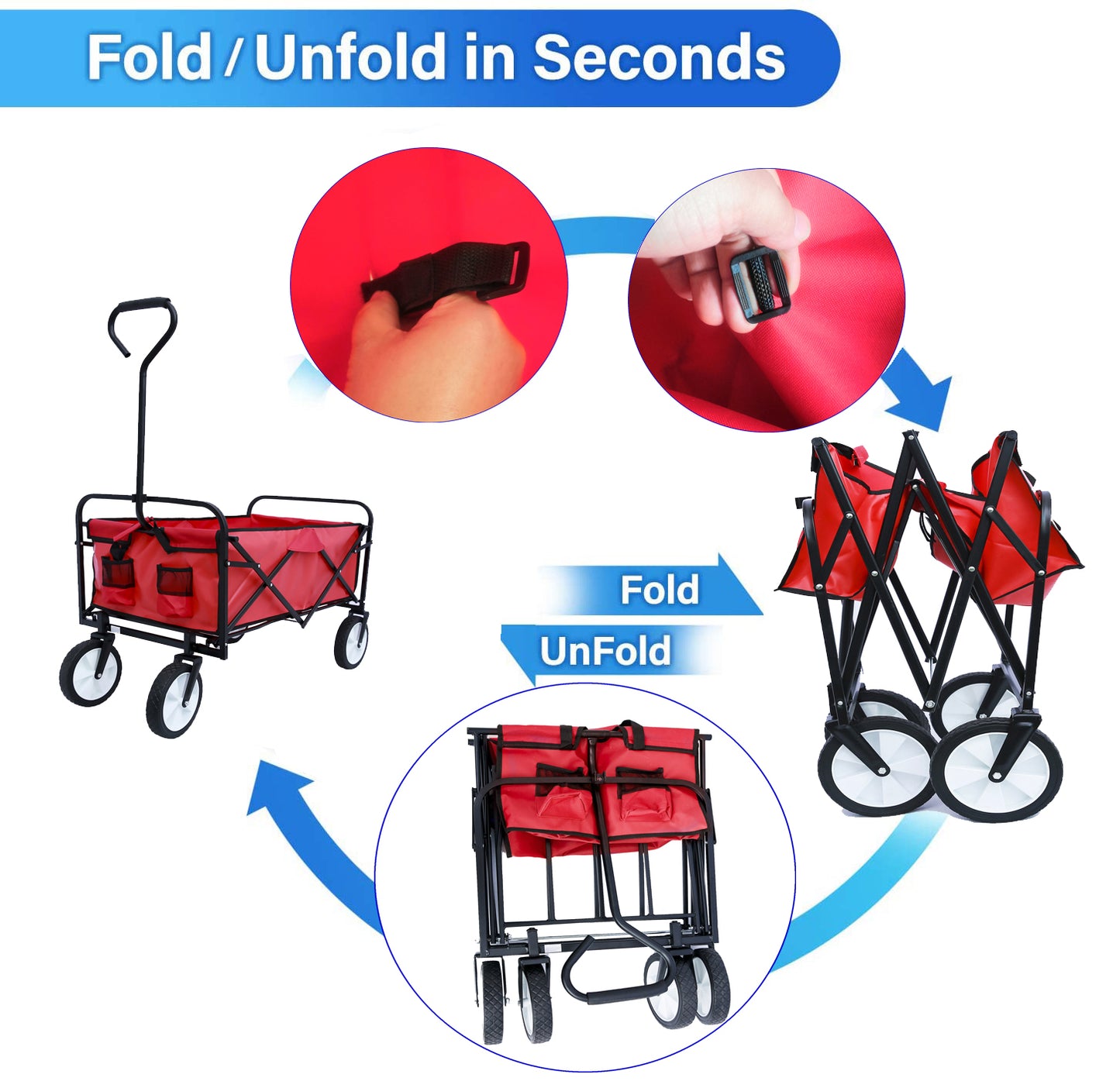 Folding Wagon Garden Shopping Beach Cart – Heavy Duty Red Utility Cart