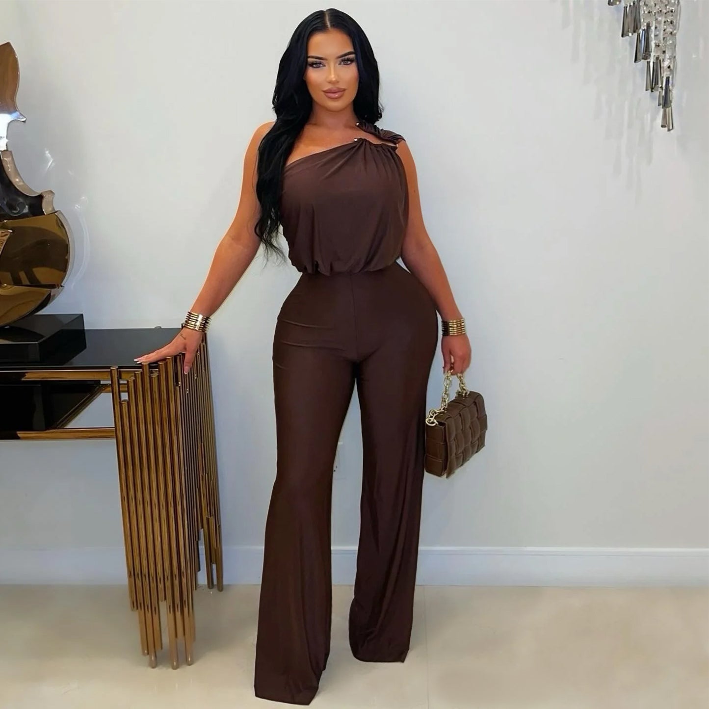 Chic One-Shoulder Wide-Leg Jumpsuit – Elegant Sleeveless Bodycon Romper for Women
