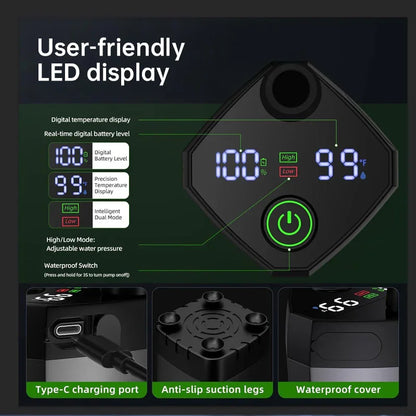 Digital temperature and battery display device with LED screen, Type-C charging port, anti-slip suction legs, and waterproof cover.