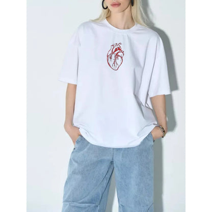 : Minimalist Anatomical Heart Print Loose Round Neck T-Shirt
