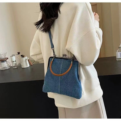 Handmade Denim Splicing Handbag with Wooden Handle (Small Crossbody)