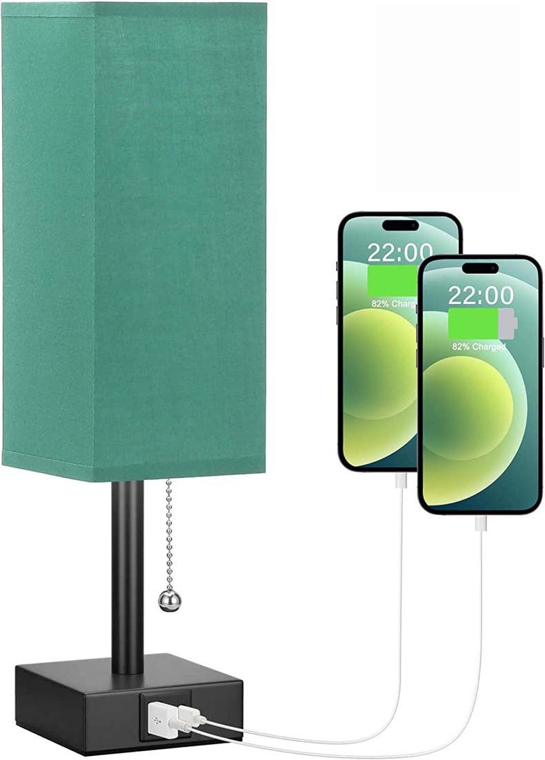 Modern Square Linen Desk Lamp with Dual USB Ports – 3 Color Modes & Pull Chain Switch for Bedroom