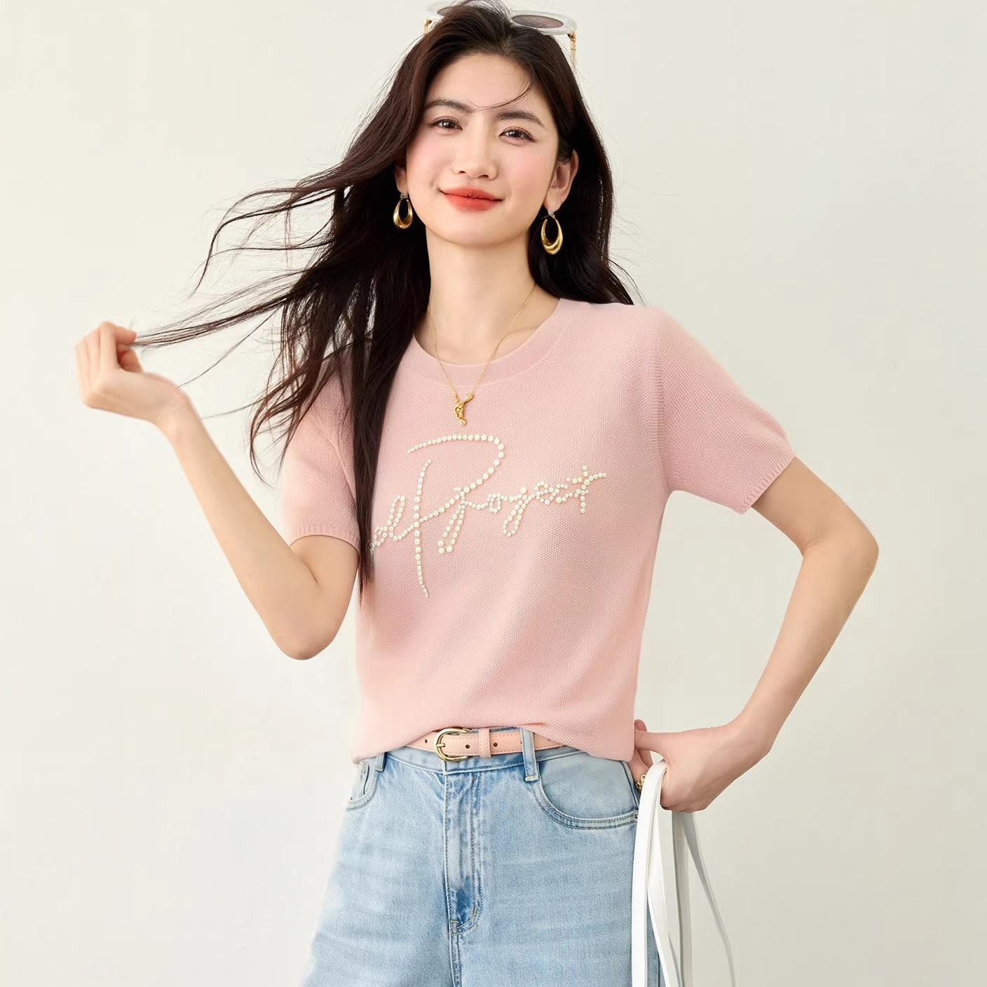 Women's Elegant Beaded Lettering Knit Top - Chic Casual Summer Tee