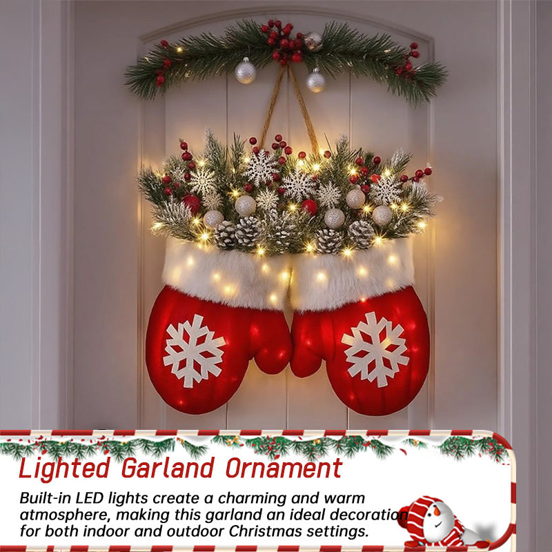 Faux Flower Crown Christmas Mitten Garland - Hanging Sign for Holiday Parties