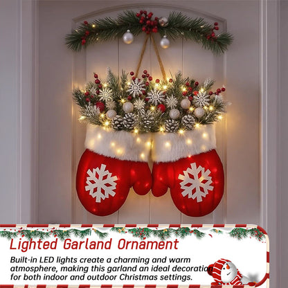 Faux Flower Crown Christmas Mitten Garland - Hanging Sign for Holiday Parties