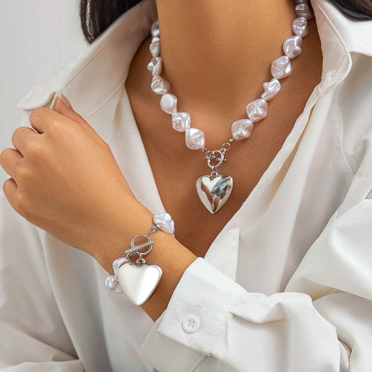 Baroque Pearl Necklace & Bracelet Set with Large Gold Heart Pendant