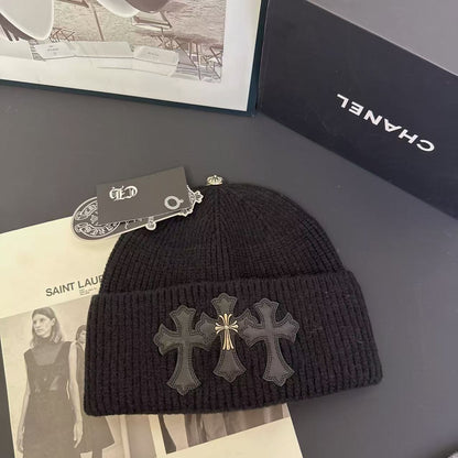 Unisex Gothic Triple Cross Knitted Beanie Hat - Warm Winter Cap