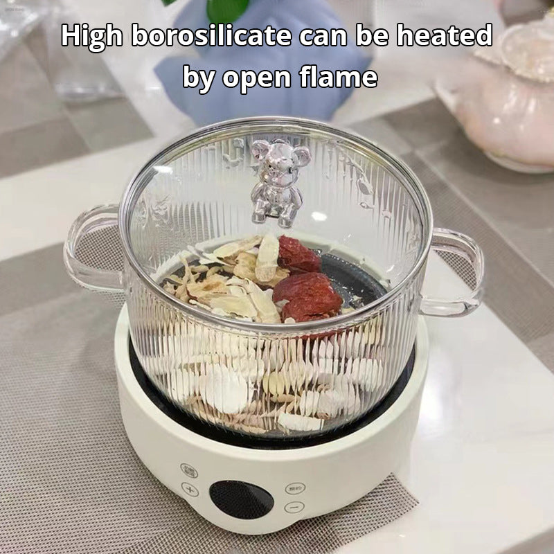 Heat-Resistant Borosilicate Glass Soup Pot with Bear Handle Lid - Flame-Safe Instant Noodle Bowl & Salad Pot with Handles