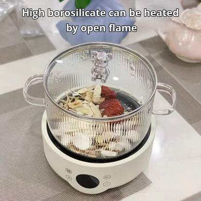 Heat-Resistant Borosilicate Glass Soup Pot with Bear Handle Lid - Flame-Safe Instant Noodle Bowl & Salad Pot with Handles