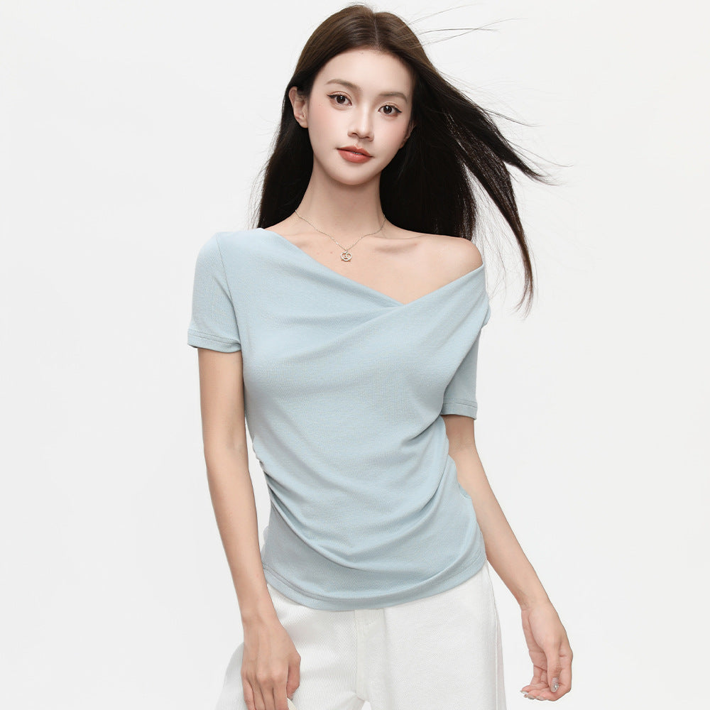 Women's Ruffled Neck Convertible Top - Casual Chic Short Sleeve Tee