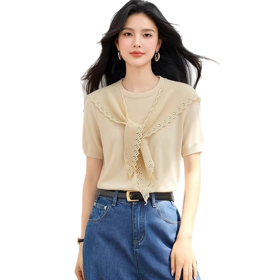 Elegant Ice Silk Short Sleeve Knitted Top - Everyday Casual Wear for Women