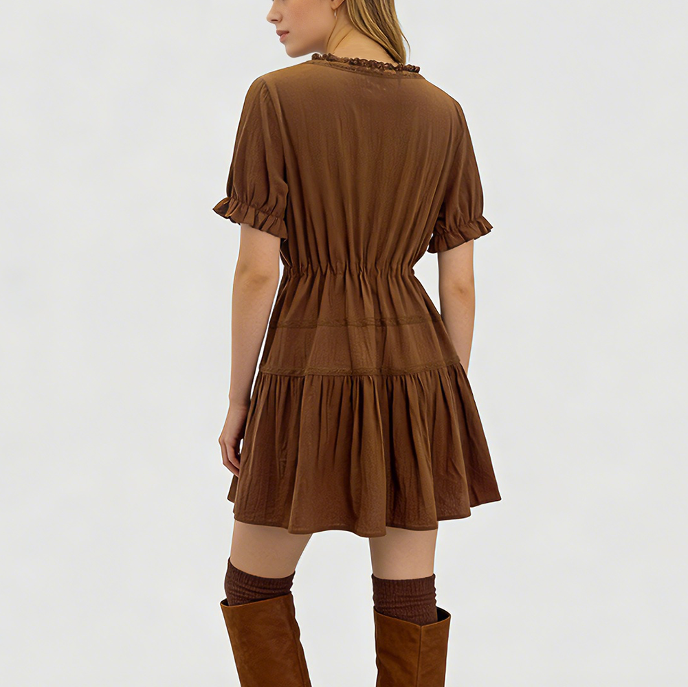Elegant French Style Velvet Lace Mini Dress with Bow Waist