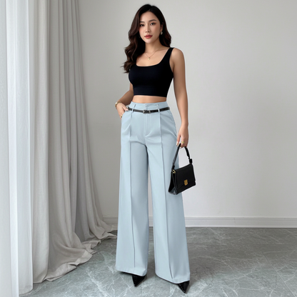 Elegant High-Waisted Straight Leg Trousers with Belt