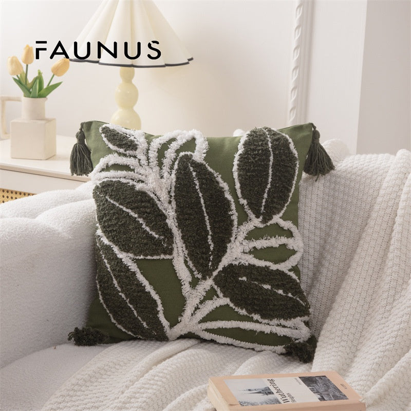Bohemian Tufted Throw Pillow Cover - Ethnic Moroccan Leaf Embroidered Cushion Case