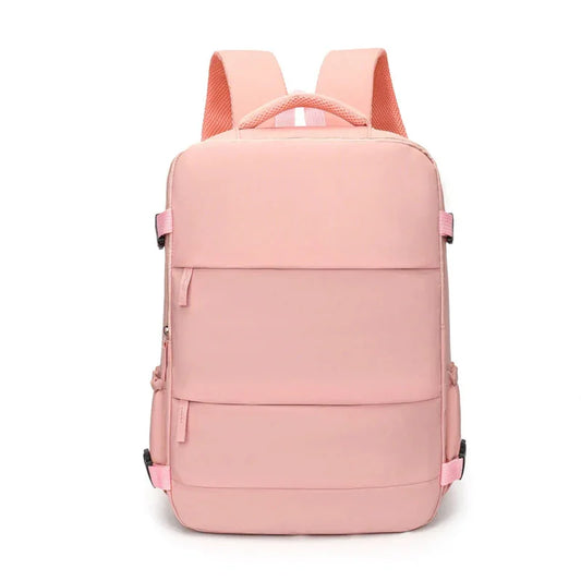 Minimalist pink backpack with padded straps and front pocket, ideal for school or travel