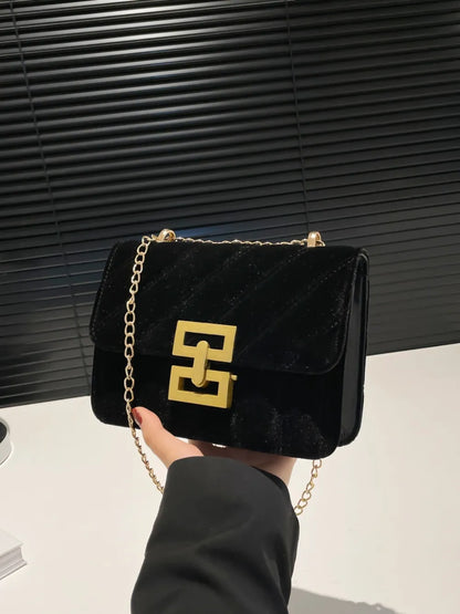 Black Velvet Chain Strap Shoulder Bag with Gold Hardware