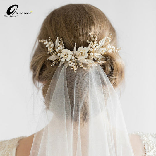 Gold Bridal Hair Comb/Vine with Pearl Beads & Crystal Flowers / Wedding Headpiece Hair Accessories for Women