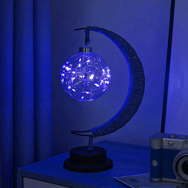 LED Star in Moon Night Light with Hemp Rope and Iron Art Base