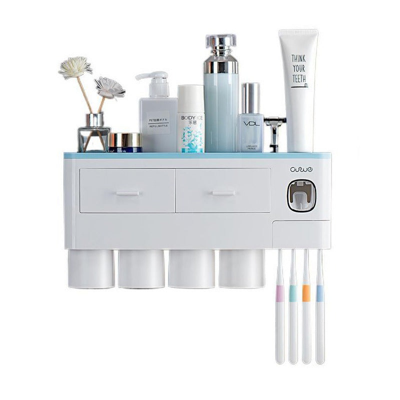 All-in-One Wall-Mounted Toothbrush Holder – Magnetic Cup Set with Automatic Toothpaste Squeezer & Storage Drawer