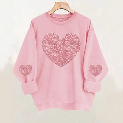 Pink Glitter Heart Print Grey Sweatshirt | Cozy Long Sleeve Pullover for Women