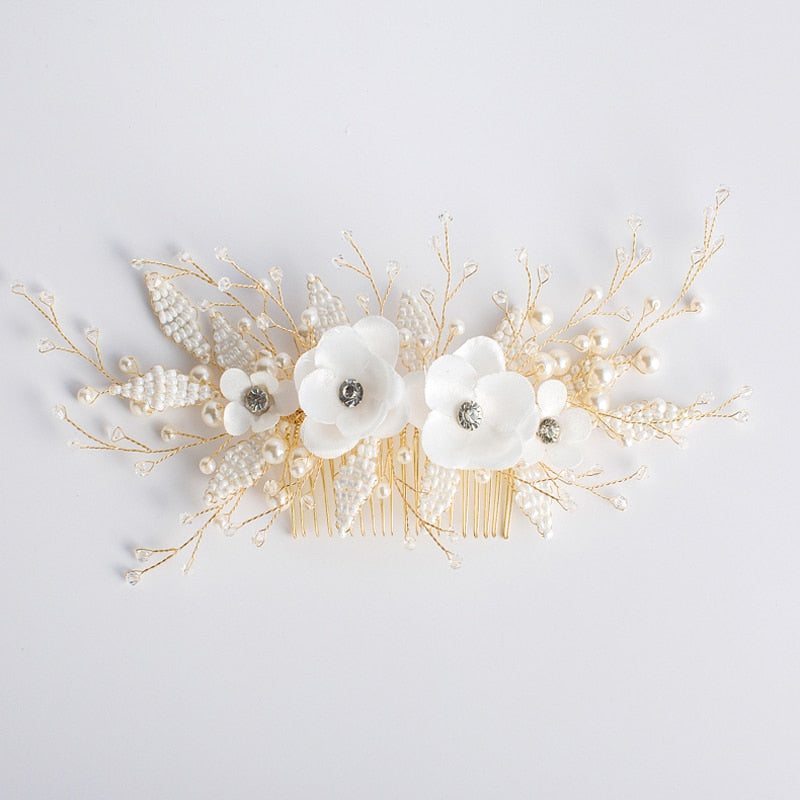 Gold Bridal Hair Comb/Vine with Pearl Beads & Crystal Flowers / Wedding Headpiece Hair Accessories for Women