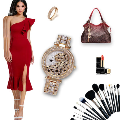 Elegant Bling Quartz Gold Watch - Women's Fashion Leopard Clock