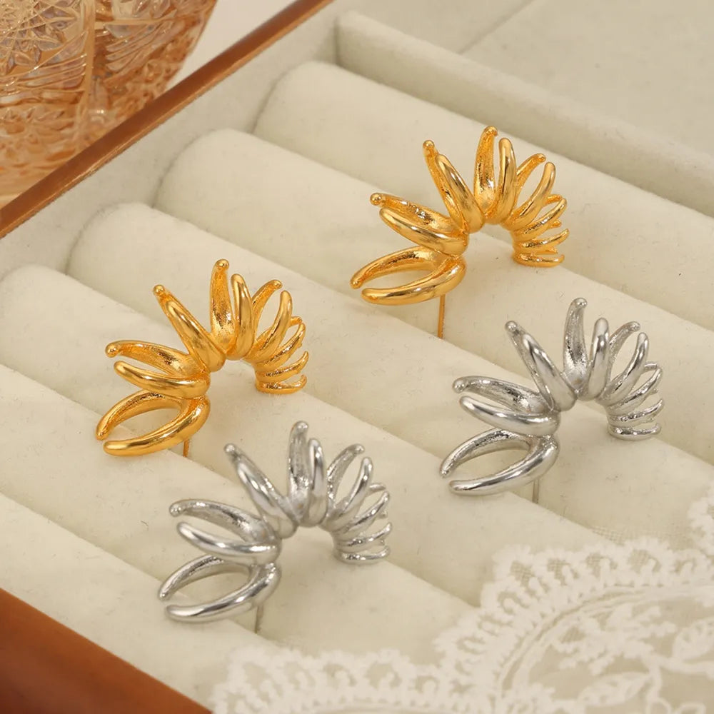 Bold Gold Tone Irregular Flower Statement Earrings