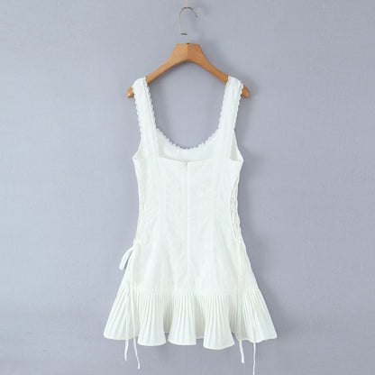 Trendy Scoop Neck Camisole Dress with Pleated Hem - Casual White Sundress