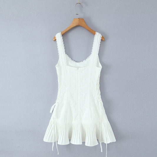 Trendy Scoop Neck Camisole Dress with Pleated Hem - Casual White Sundress