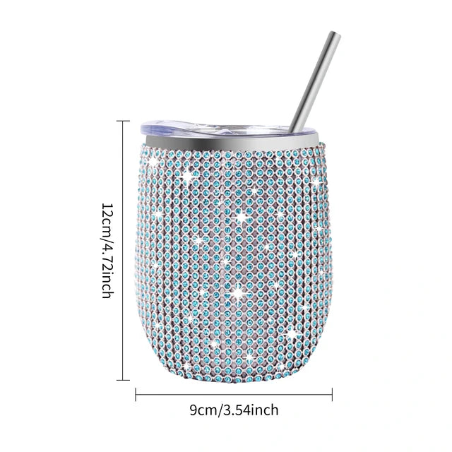 12oz Luxury Diamond Rhinestone Wine Tumbler - Insulated Stainless Steel Cup with Straw & Lid