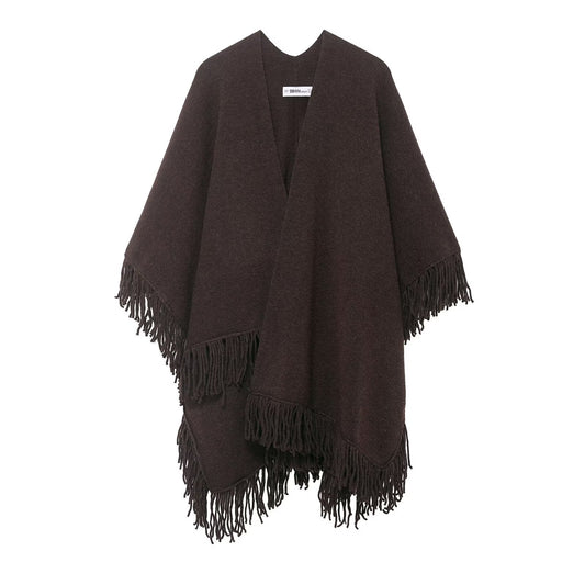 Elegant Tassel Embellished Knitted Cloak Jacket – Cozy Winter Poncho Cardigan for Women