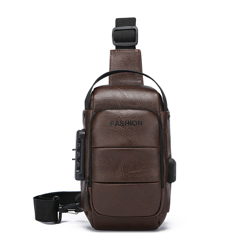Men's Waterproof Faux Leather Chest Sling Bag with USB Charging Port