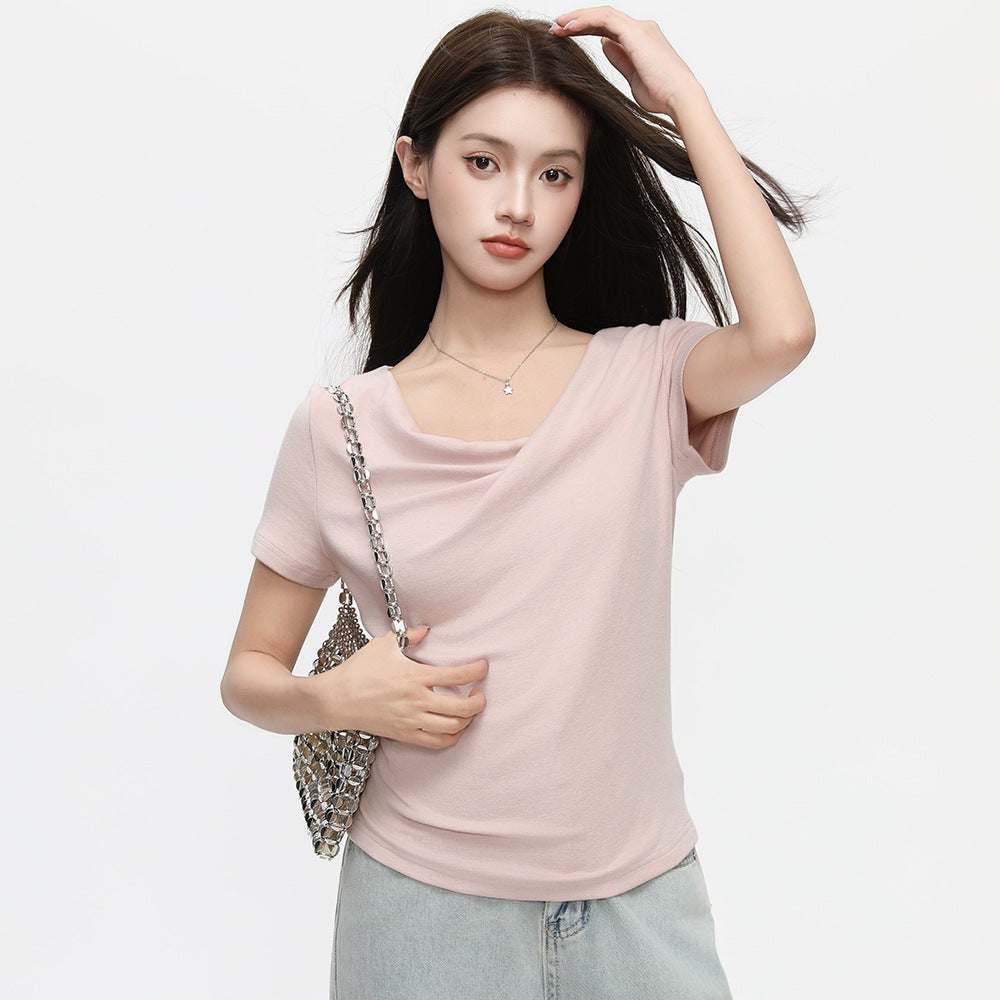 Women's Ruffled Neck Convertible Top - Casual Chic Short Sleeve Tee