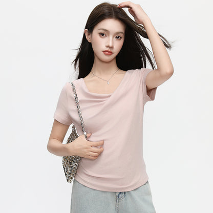 Women's Ruffled Neck Convertible Top - Casual Chic Short Sleeve Tee