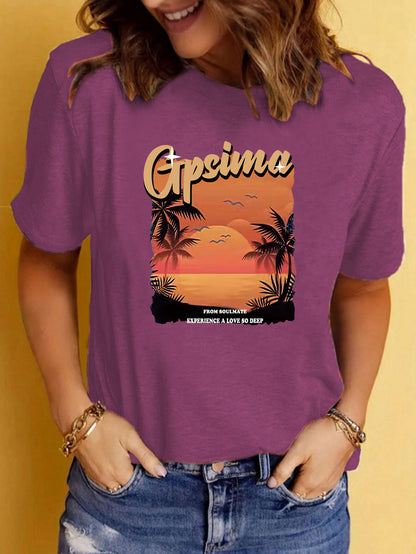 GPSIMA Sunset Beach Printed Round Neck Short Sleeve T-Shirt | Graphic Vacation Tee