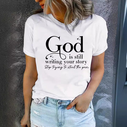 God is Still Writing Your Story' Inspirational Slogan Printed Round Neck T-Shirt