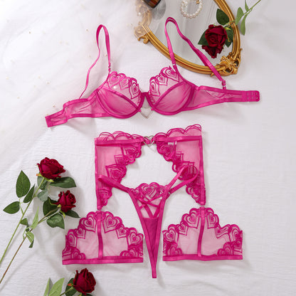 Hot Pink Lace 4-Piece Lingerie Set with Leg Straps