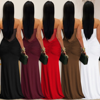 Elegant White Sheer Mesh Halter Maxi Dress – Sexy Tie-Back Glamorous Evening Gown for Women