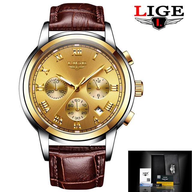 LIGE Casual Fashion Luminous Quartz Watch with Brown Leather Strap