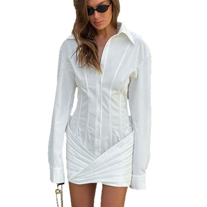 Trendy Long Sleeve White Shirt Mini Dress - Slim Fit Ruched Waist Bodycon Dress for Women