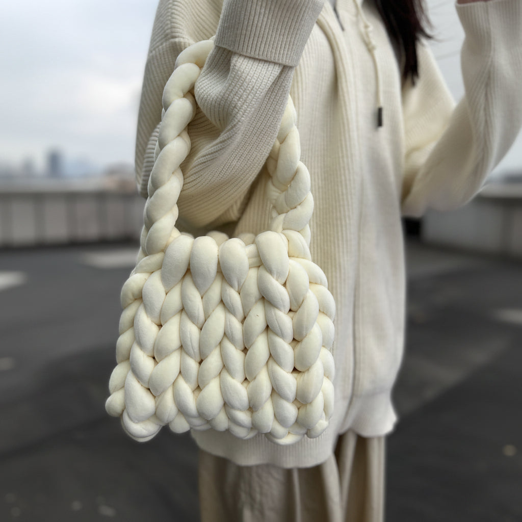 Chunky Hand-Knitted Velvet Yarn Shoulder Bag - Pink