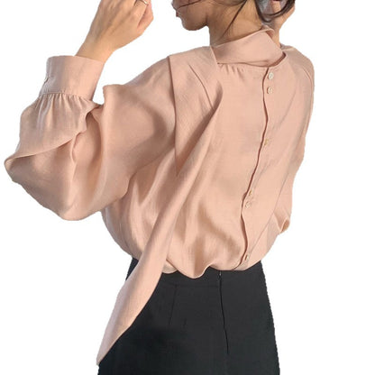 Style One-Shoulder Draped Collar Buttoned Shirt | Elegant Pink Long Sleeve Top for Women