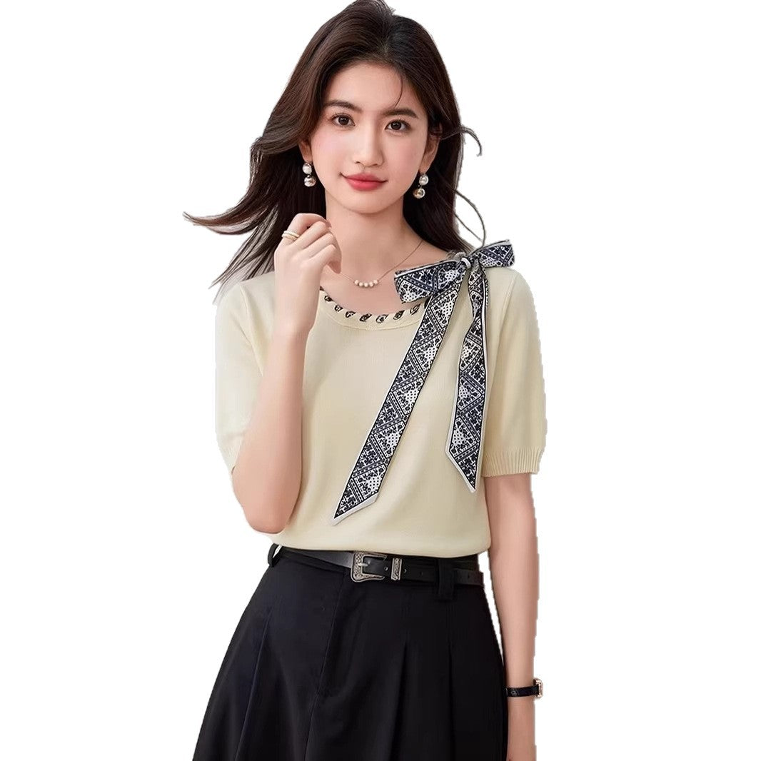 Elegant Bow Knotted Short Sleeve Knit Top - Summer Chic High-End Fashion