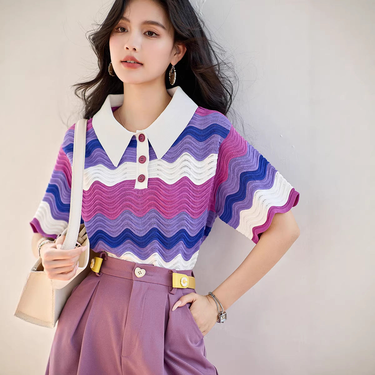 Women's Lightweight Knit Short Sleeve Polo - Unique Purple Pattern Loose Top