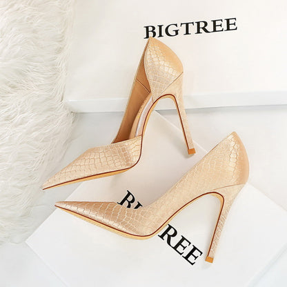 Women's Snake Pattern Silk High Heels - Thin Heeled Shallow Side Hollow Pointed Toe Pumps