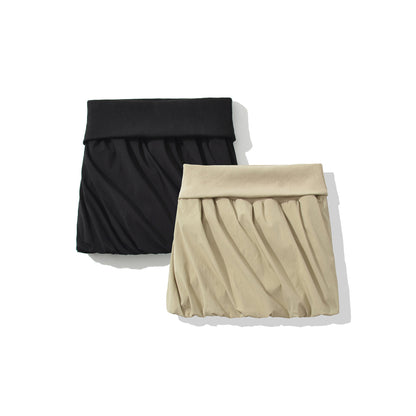 Trendy High-Waisted Khaki Bubble Skirt - Chic Wide Folded Mini Skirt