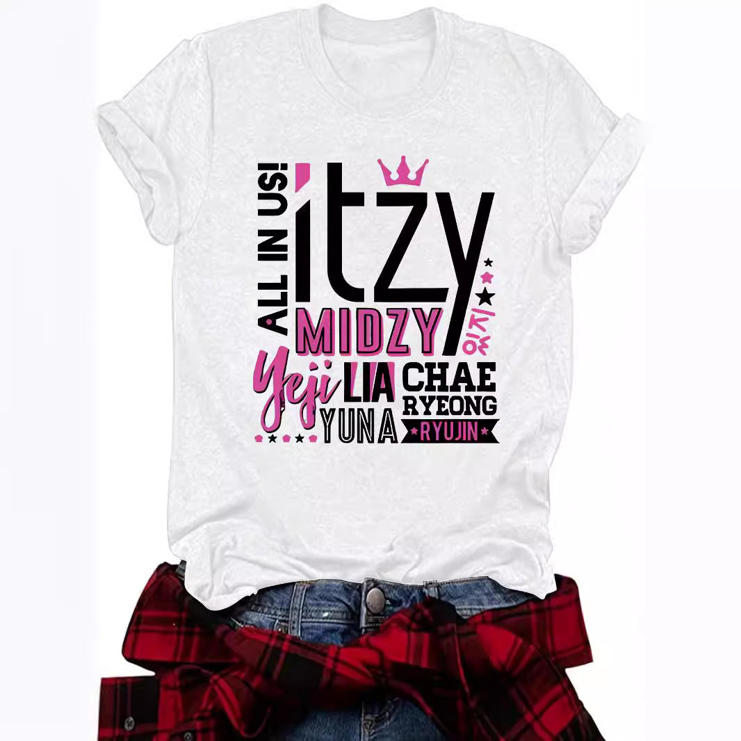 ITZY Slogan Letter Round Neck Short Sleeved Shirt | K-Pop Inspired Graphic T-Shirt