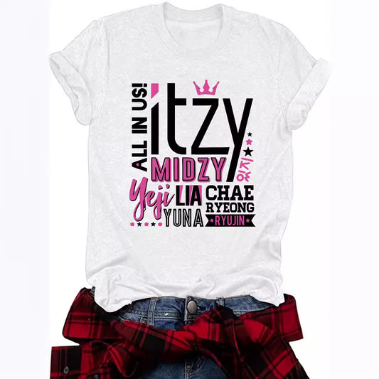 ITZY Slogan Letter Round Neck Short Sleeved Shirt | K-Pop Inspired Graphic T-Shirt