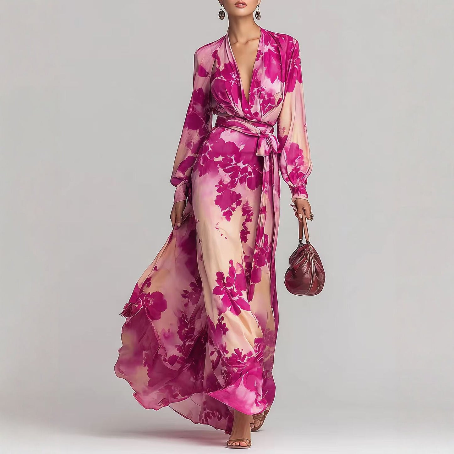 Women's Printed Chiffon V-Neck Maxi Dress - Elegant Long Sleeve Tie-Up Gown