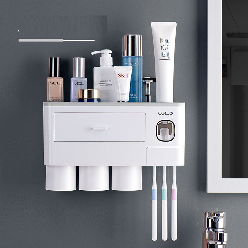 All-in-One Wall-Mounted Toothbrush Holder – Magnetic Cup Set with Automatic Toothpaste Squeezer & Storage Drawer
